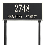 Hartford Address Plaque with a Black & White Finish, Standard Lawn with Two Lines of Text