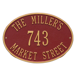 Hawthorne Oval Address Plaque with a Red & Gold Finish, Standard Wall with Three Lines of Text