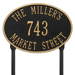 Hawthorne Oval Address Plaque with a Black & Gold Finish, Standard Lawn with Three Lines of Text