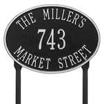 Hawthorne Oval Address Plaque with a Black & Silver Finish, Standard Lawn with Three Lines of Text