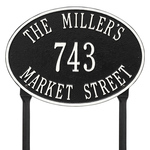 Hawthorne Oval Address Plaque with a Black & White Finish, Standard Lawn with Three Lines of Text