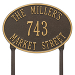 Hawthorne Oval Address Plaque with a Bronze & Gold Finish, Standard Lawn with Three Lines of Text