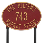 Hawthorne Oval Address Plaque with a Red & Gold Finish, Standard Lawn with Three Lines of Text