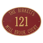 Hawthorne Oval Address Plaque with a Red & Gold Finish, Estate Wall with Three Lines of Text