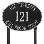 Hawthorne Oval Address Plaque with a Black & Silver Finish, Estate Lawn with Three Lines of Text