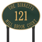 Hawthorne Oval Address Plaque with a Green & Gold Finish, Estate Lawn with Three Lines of Text