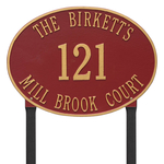 Hawthorne Oval Address Plaque with a Red & Gold Finish, Estate Lawn with Three Lines of Text