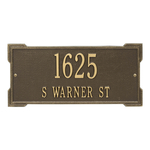 Rectangle Shape Address Plaque Named Roanoke with a Antique Brass Finish, Standard Wall with Two Lines of Text