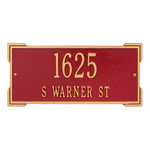 Rectangle Shape Address Plaque Named Roanoke with a Red & Gold Finish, Standard Wall with Two Lines of Text