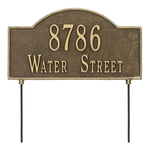 Two sided Arched Rectangle Shape Address Plaque with a Antique Brass Finish, Standard Lawn with Two Lines of Text