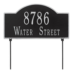 Two sided Arched Rectangle Shape Address Plaque with a Black & Silver Finish, Standard Lawn with Two Lines of Text