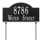 Two sided Arched Rectangle Shape Address Plaque with a Black & White Finish, Standard Lawn with Two Lines of Text