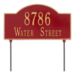 Two sided Arched Rectangle Shape Address Plaque with a Red & Gold Finish, Standard Lawn with Two Lines of Text