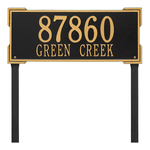 The Roanoke Rectangle Address Plaque with a Black & Gold Finish, Estate Lawn with Two Lines of Text