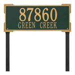The Roanoke Rectangle Address Plaque with a Green & Gold Finish, Estate Lawn with Two Lines of Text