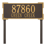 The Roanoke Rectangle Address Plaque with a Bronze & Gold Finish, Estate Lawn with Two Lines of Text
