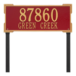 The Roanoke Rectangle Address Plaque with a Red & Gold Finish, Estate Lawn with Two Lines of Text
