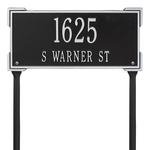 The Roanoke Rectangle Address Plaque with a Black & Silver Finish, Standard Lawn with Two Lines of Text