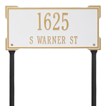 The Roanoke Rectangle Address Plaque with a White & Gold Finish, Standard Lawn with Two Lines of Text