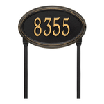 The Concord Raised Border Oval Shape Address Plaque with a Black & Gold Finish, Standard Lawn with One Line of Text