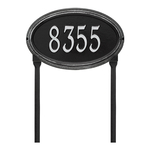 The Concord Raised Border Oval Shape Address Plaque with a Black & Silver Finish, Standard Lawn with One Line of Text
