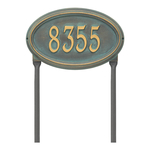 The Concord Raised Border Oval Shape Address Plaque with a Bronze & Verdigris Finish, Standard Lawn with One Line of Text