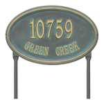 The Concord Raised Border Oval Shape Address Plaque with a Bronze & Verdigris Finish, Estate Lawn with Two Lines of Text