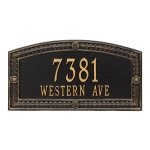 A Rectangle Arched Address Plaque with a Feather Boarder with a Black & Gold Finish, Standard Wall with Two Lines of Text