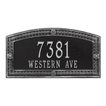 A Rectangle Arched Address Plaque with a Feather Boarder with a Black & Silver Finish, Standard Wall with Two Lines of Text