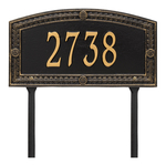 A Rectangle Arched Address Plaque with a Feather Boarder with a Black & Gold Finish, Standard Lawn with One Line of Text