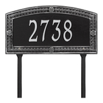 A Rectangle Arched Address Plaque with a Feather Boarder with a Black & Silver Finish, Standard Lawn with One Line of Text