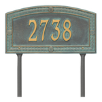 A Rectangle Arched Address Plaque with a Feather Boarder with a Bronze & Verdigris Finish, Standard Lawn with One Line of Text