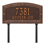 A Rectangle Arched Address Plaque with a Feather Boarder with a Antique Copper Finish, Standard Lawn with Two Lines of Text