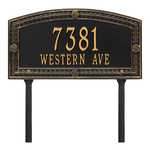 A Rectangle Arched Address Plaque with a Feather Boarder with a Black & Gold Finish, Standard Lawn with Two Lines of Text
