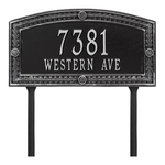 A Rectangle Arched Address Plaque with a Feather Boarder with a Black & Silver Finish, Standard Lawn with Two Lines of Text