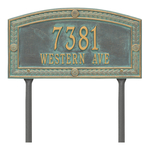A Rectangle Arched Address Plaque with a Feather Boarder with a Bronze & Verdigris Finish, Standard Lawn with Two Lines of Text