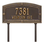 A Rectangle Arched Address Plaque with a Feather Boarder with a Bronze & Gold Finish, Standard Lawn with Two Lines of Text