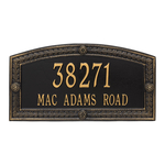 A Rectangle Arched Address Plaque with a Feather Boarder with a Black & Gold Finish, Estate Wall with Two Lines of Text