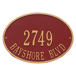 Hawthorne Oval Address Plaque with a Red & Gold Finish, Standard Wall Mount with Two Lines of Text