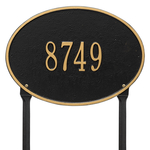 Hawthorne Oval Address Plaque with a Black & Gold Finish, Standard Lawn Size with One Line of Text