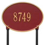 Hawthorne Oval Address Plaque with a Red & Gold Finish, Standard Lawn Size with One Line of Text
