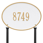 Hawthorne Oval Address Plaque with a White & Gold Finish, Standard Lawn Size with One Line of Text