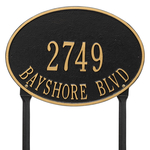 Hawthorne Oval Address Plaque with a Black & Gold Finish, Standard Lawn with Two Lines of Text