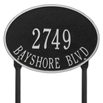 Hawthorne Oval Address Plaque with a Black & Silver Finish, Standard Lawn with Two Lines of Text