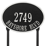Hawthorne Oval Address Plaque with a Black & White Finish, Standard Lawn with Two Lines of Text