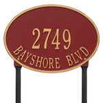 Hawthorne Oval Address Plaque with a Red & Gold Finish, Standard Lawn with Two Lines of Text