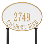 Hawthorne Oval Address Plaque with a White & Gold Finish, Standard Lawn with Two Lines of Text