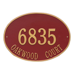 Hawthorne Oval Address Plaque with a Red & Gold Finish, Estate Wall Mount with Two Lines of Text
