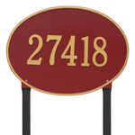 Hawthorne Oval Address Plaque with a Red & Gold Finish, Estate Lawn Size with One Line of Text