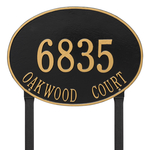 Hawthorne Oval Address Plaque with a Black & Gold Finish, Estate Lawn with Two Lines of Text